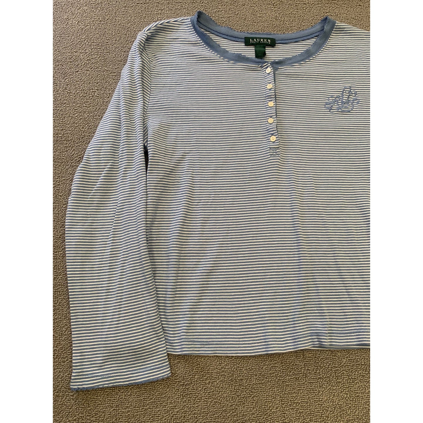Lauren Ralph Lauren Women's Large Blue Striped Cotton Long Sleeve Loungewear