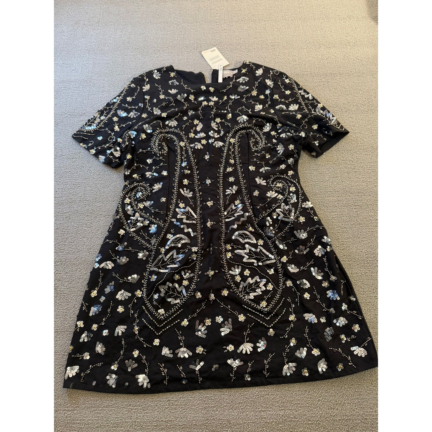 ASOS US 14 Womens Black Beaded Short Sleeve Shift Dress
