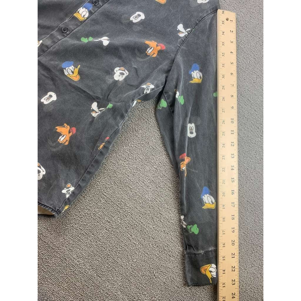 GDN Disney Characters Button Down Shirt Black Donald Goofy Mickey Pluto- Size M
