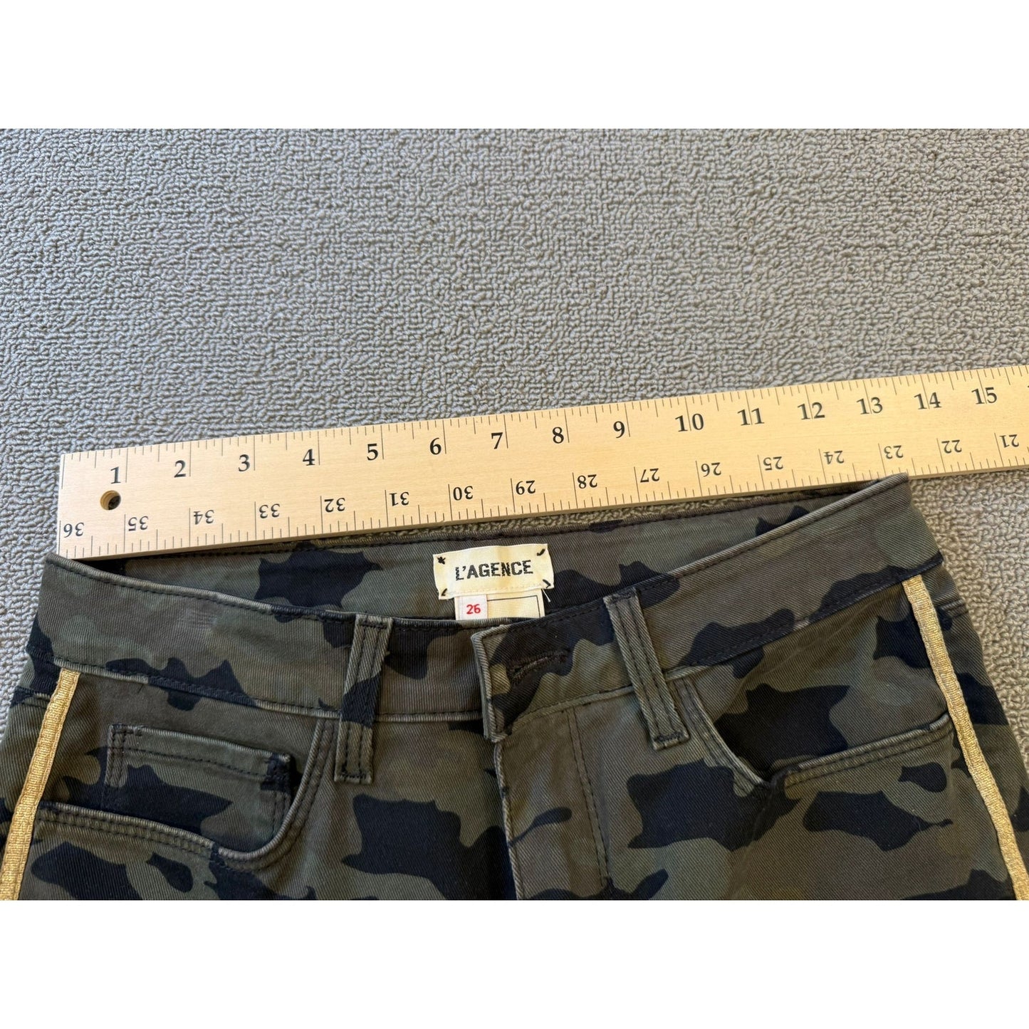 L'AGENCE Women's Camouflage Skinny Jeans 26 Green Black Yellow Side Stripe
