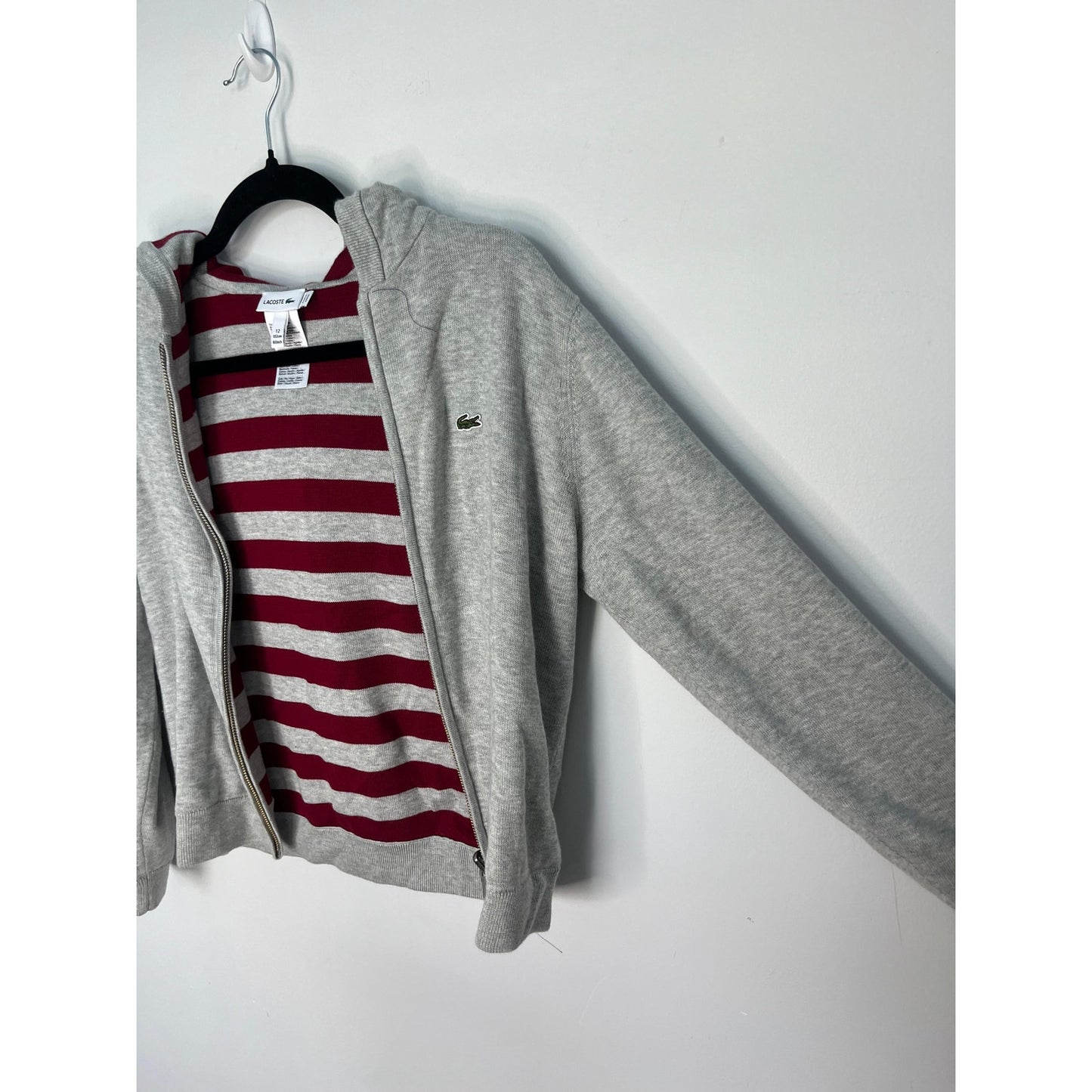 Lacoste Zip Hoodie Teen/Boy Size 12 Grey Red Cropped Cotton Blend Lightweight