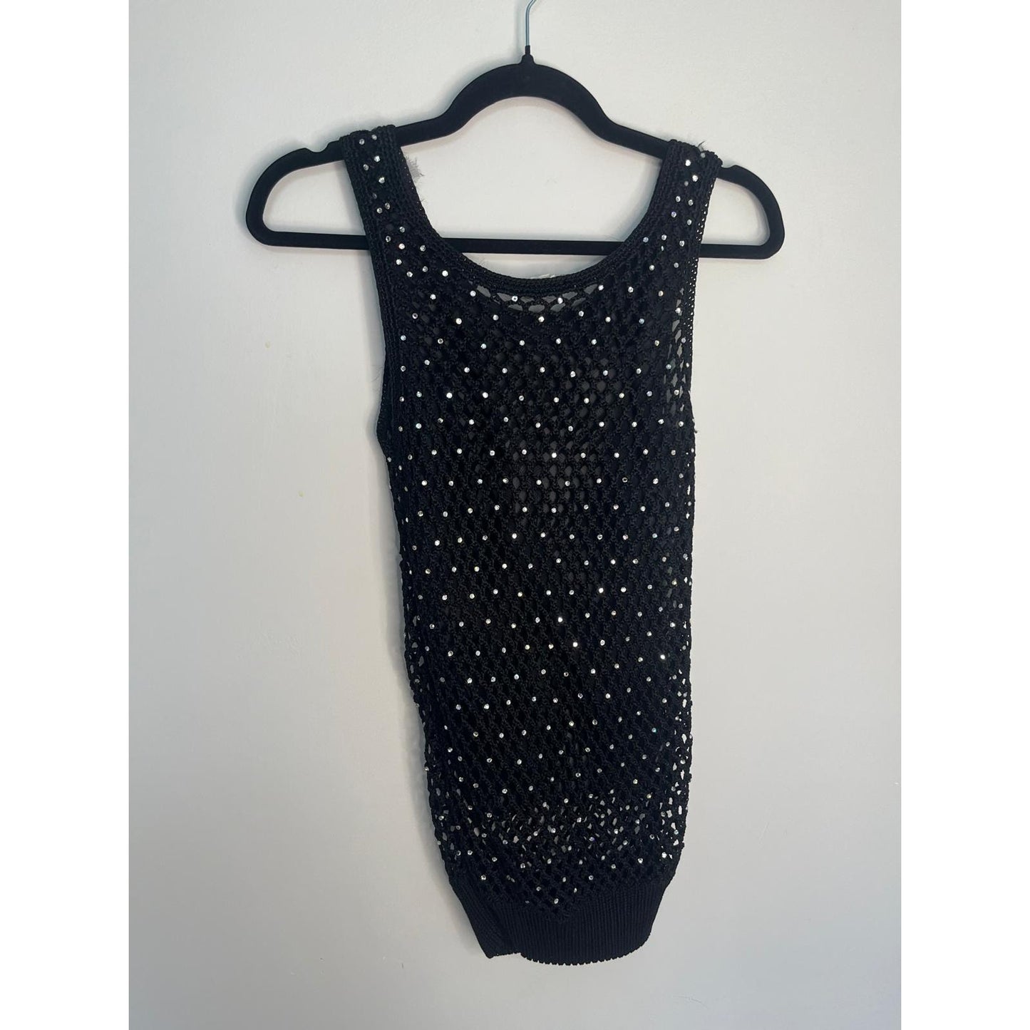 Valentino Boutique Rhinestone Tank Top Women S Black Fishnet Knit Sleeveless