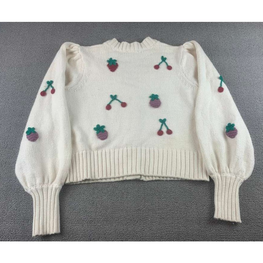 Rails Cardigan Women M Cream Button Front Cherry Strawberry Knit Puff Sleeve