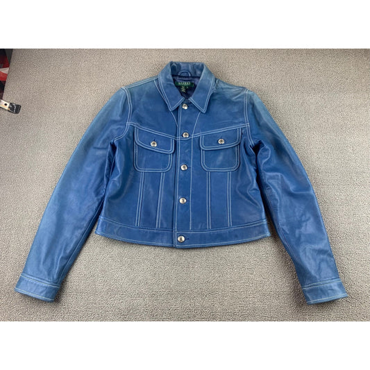 Y2K Lauren Ralph Lauren Women's Medium Blue 100% Leather Trucker Jacket
