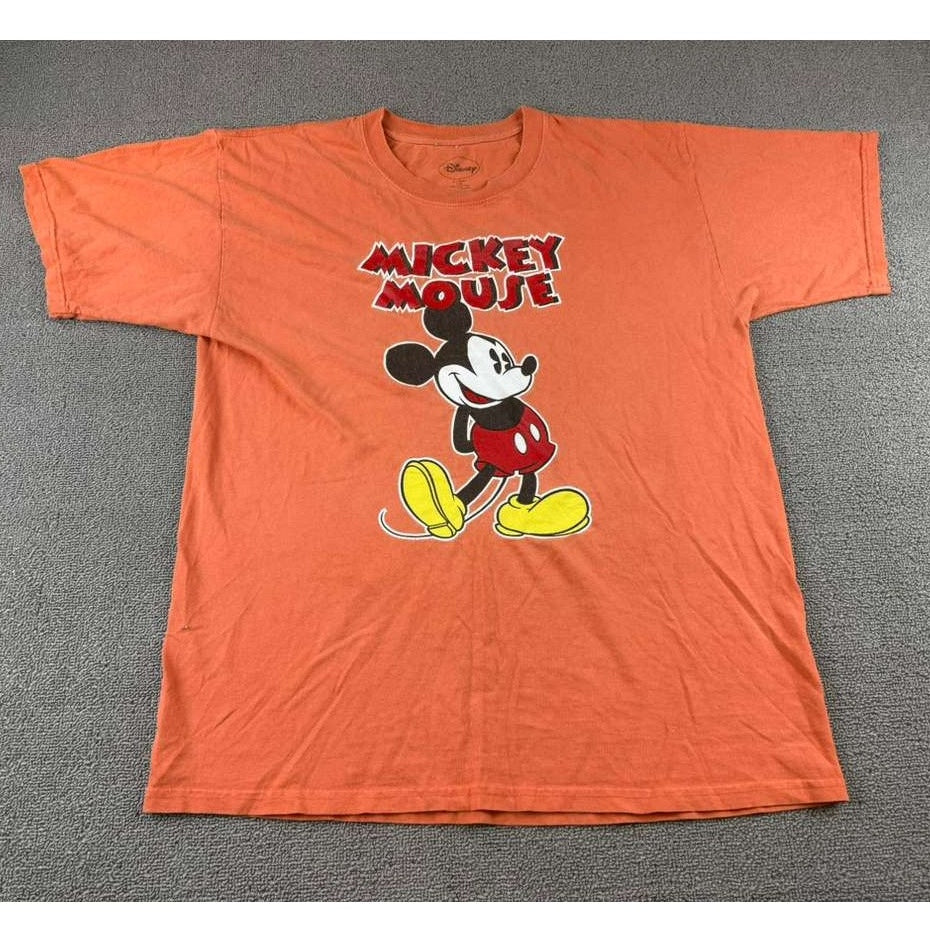 Disney T Shirt Men L Orange Mickey Mouse Graphic Short Sleeve Cotton Crewneck