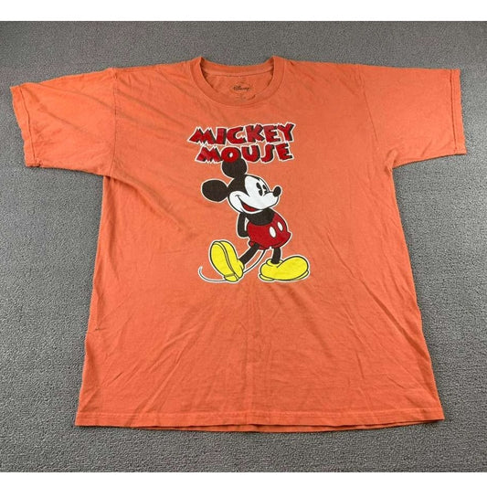 Disney T Shirt Men L Orange Mickey Mouse Graphic Short Sleeve Cotton Crewneck