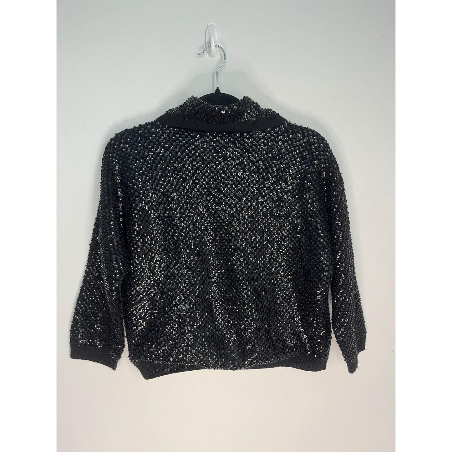 Riviera Sequin Wool Cardigan Sweater Womens 40 Black Vintage Beaded Button Up
