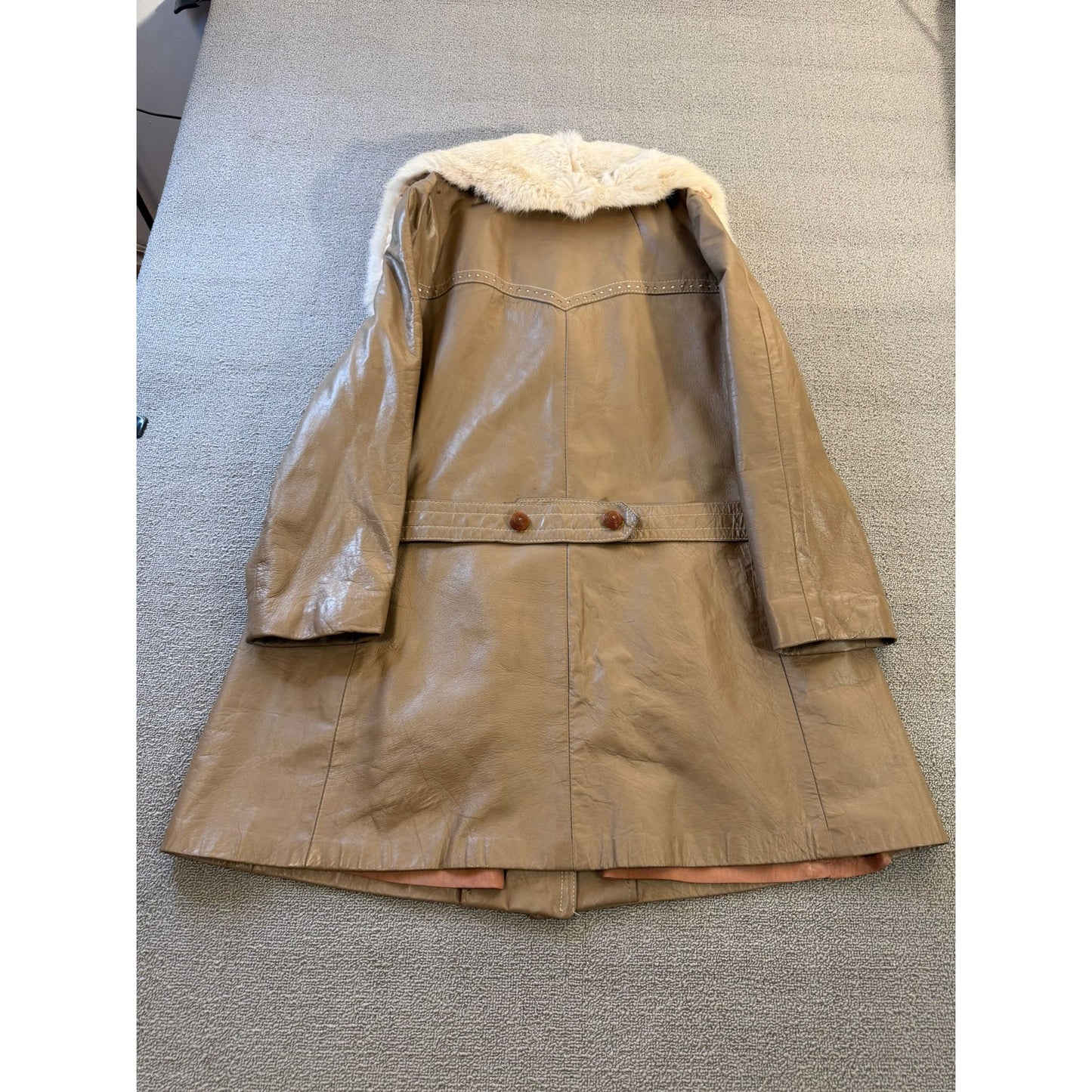 24K LEATHER Vintage Women's Beige Fur Collar Coat Jacket Vintage Retro Style
