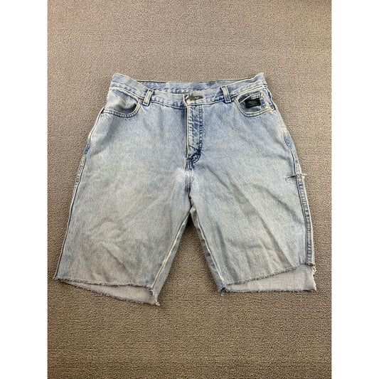 Harley-Davidson Men's 32 Light Wash Frayed Hem Denim Shorts Biker (90s–Y2K)