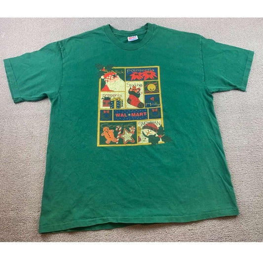 Rare Vintage 90s Wal-Mart Christmas T-Shirt Hanes Heavyweight Green XL USA Made