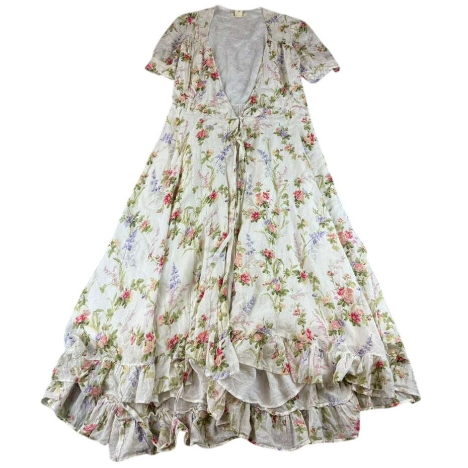 Denim And Supply Ralph Lauren Dress Women M White Cotton Floral Print Ruffle Hem