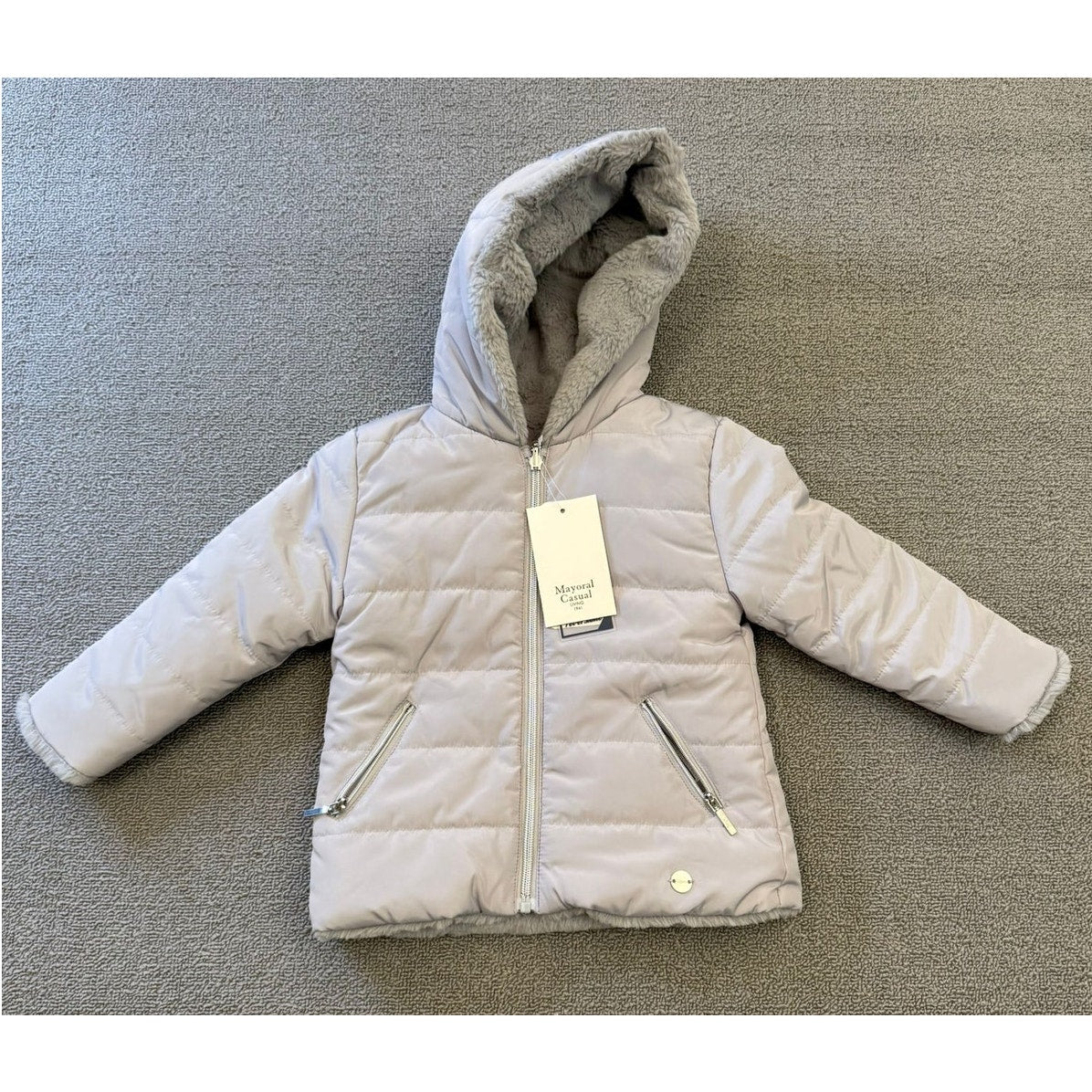 Mayoral Casual Girl Kids Size 2 Reversible Faux Fur Puffer Jacket Grey Pearl
