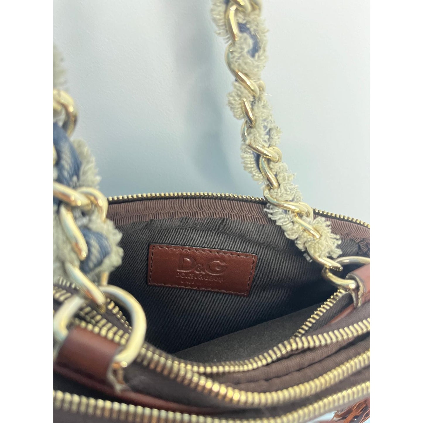 Dolce & Gabbana Denim Mini Crossbody Bag Distressed Tassel Chain Strap