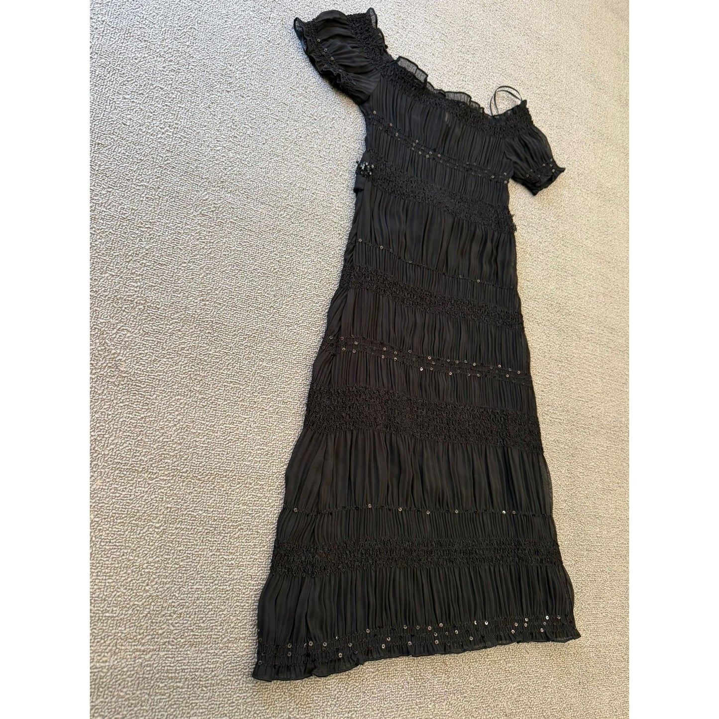 ABS Allen Schwartz Women XXS Sheer Black Sequin Beaded Tiered Ribbon Tie Dress