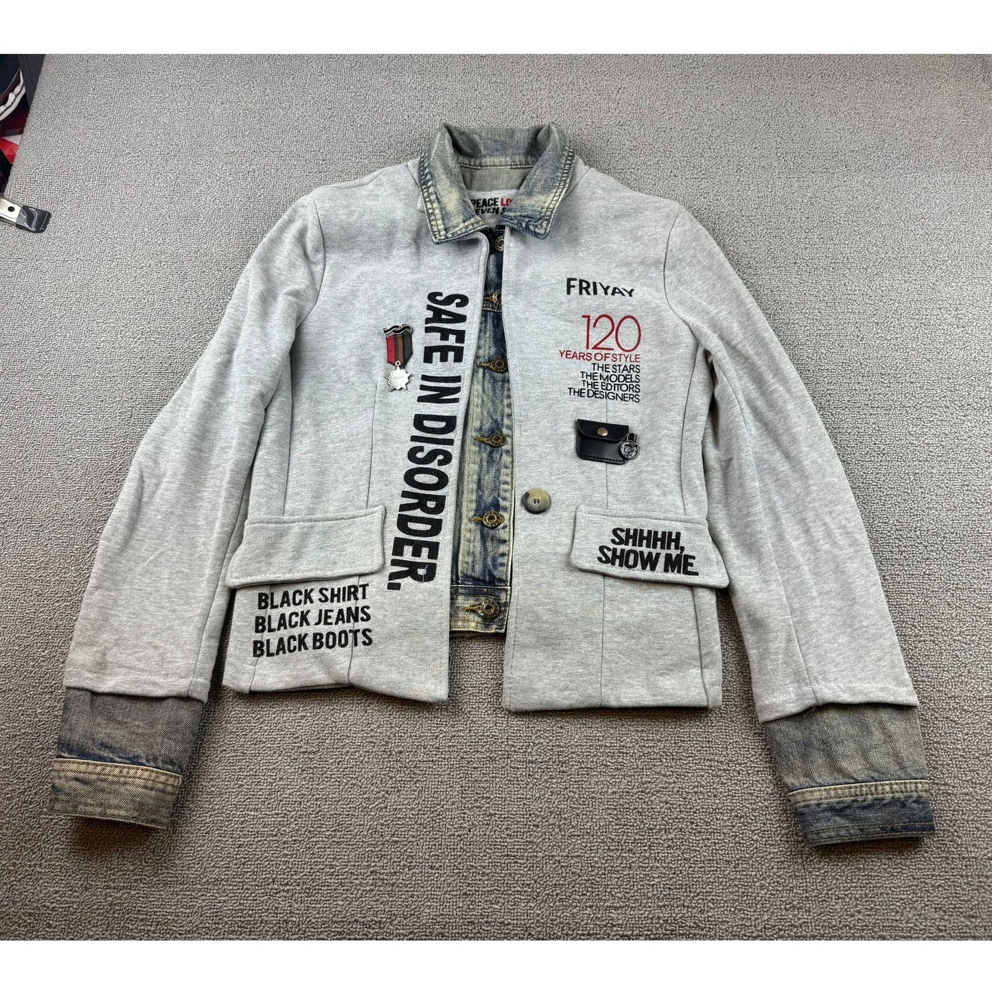 Peace Love & Seven Seventy Women's Small Graphic Patchwork Art Denim Mix Jacket
