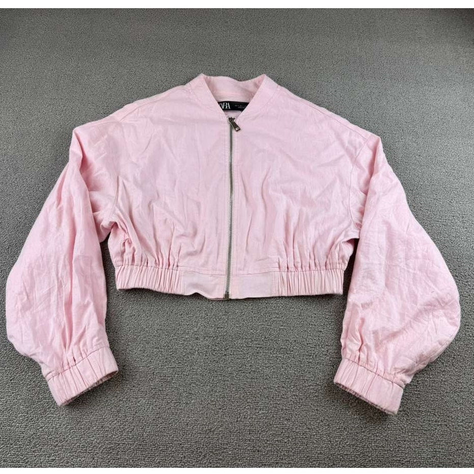 Zara Cropped Jacket Women S Pink Zip Front Elastic Hem Long Sleeve Ribbed Cuffs