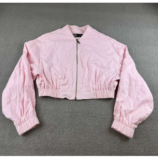Zara Cropped Jacket Women S Pink Zip Front Elastic Hem Long Sleeve Ribbed Cuffs