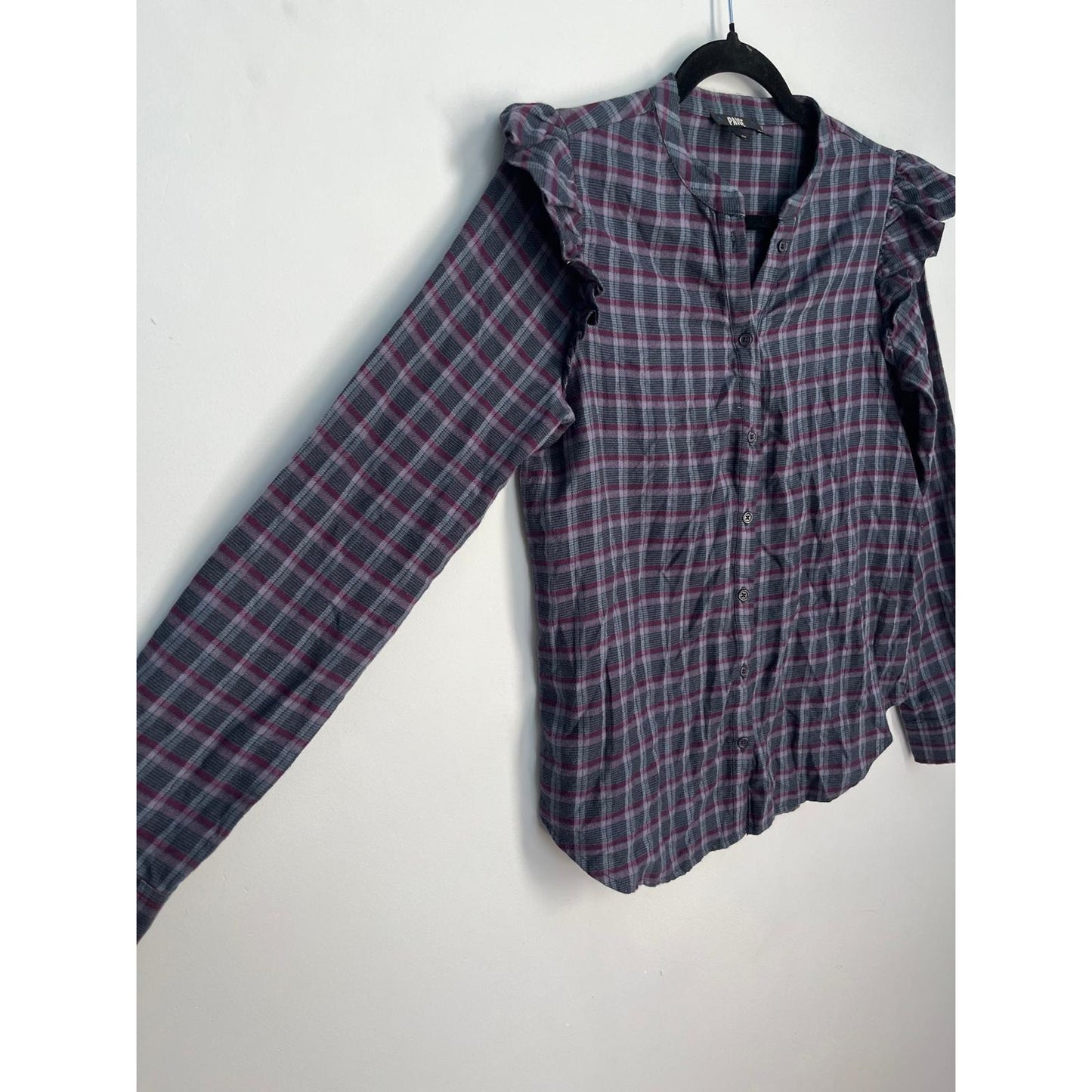 PAIGE Ruffle Shoulder Plaid Button Shirt Women XS Purple Gray Long Sleeve Top