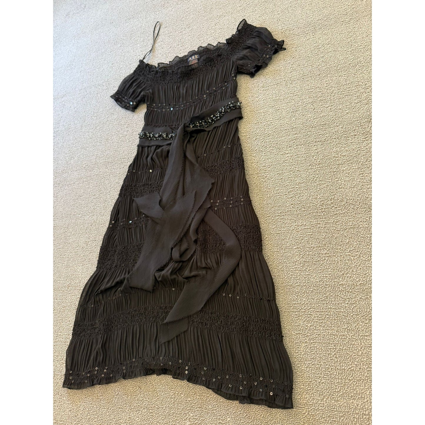 ABS Allen Schwartz Women XXS Sheer Black Sequin Beaded Tiered Ribbon Tie Dress
