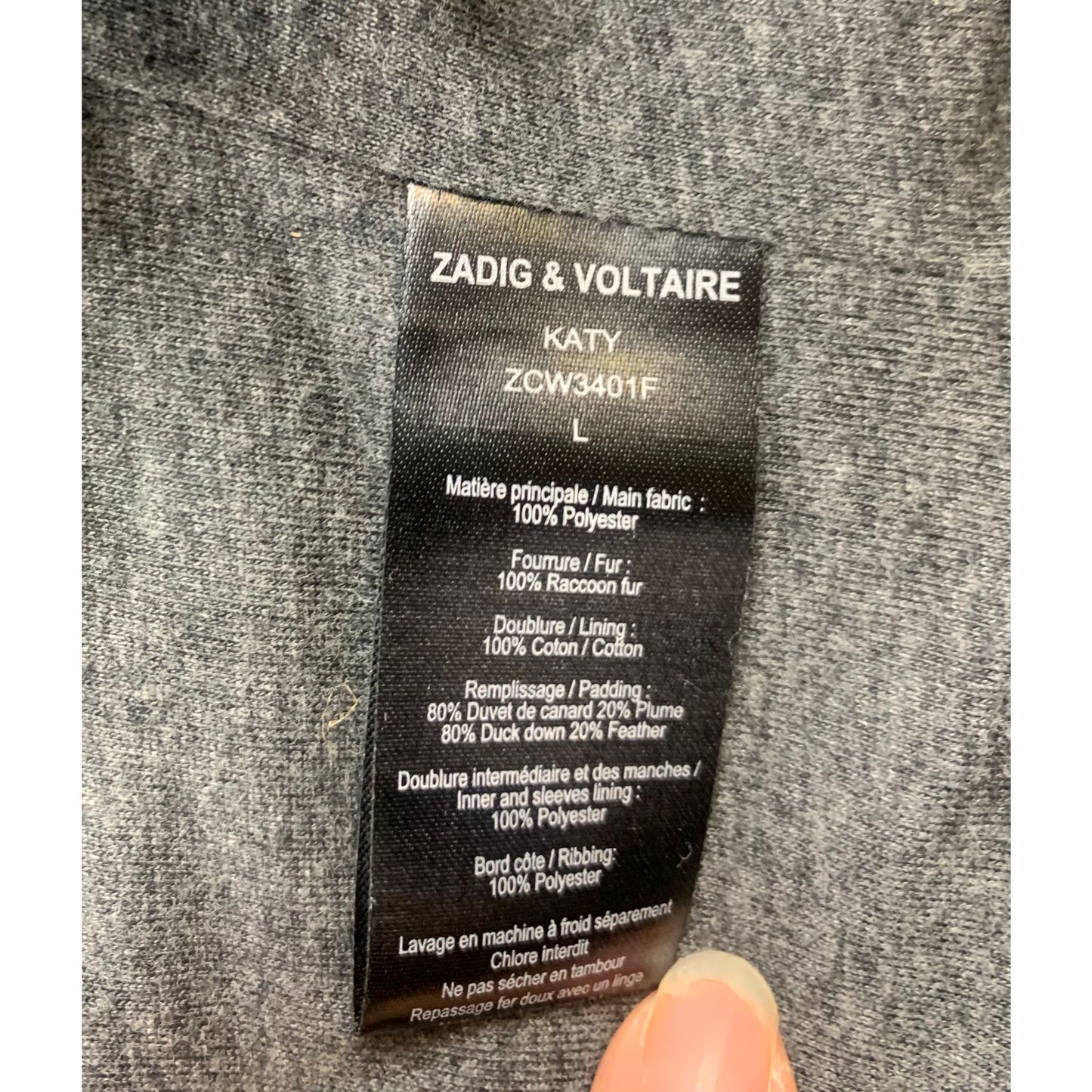 Zadig & Voltaire Katy Down Parka Women L Black Raccoon Fur Hood 80/20 Duck Down