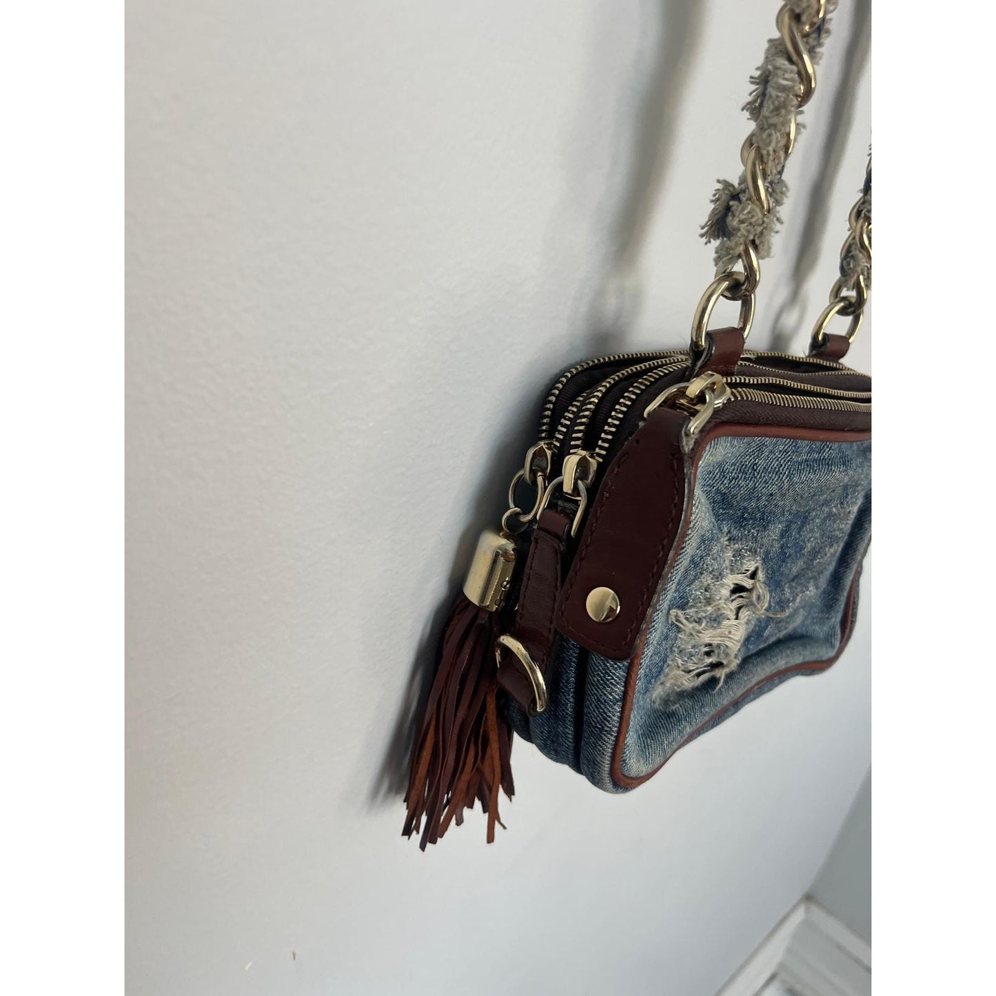 Dolce & Gabbana Denim Mini Crossbody Bag Distressed Tassel Chain Strap