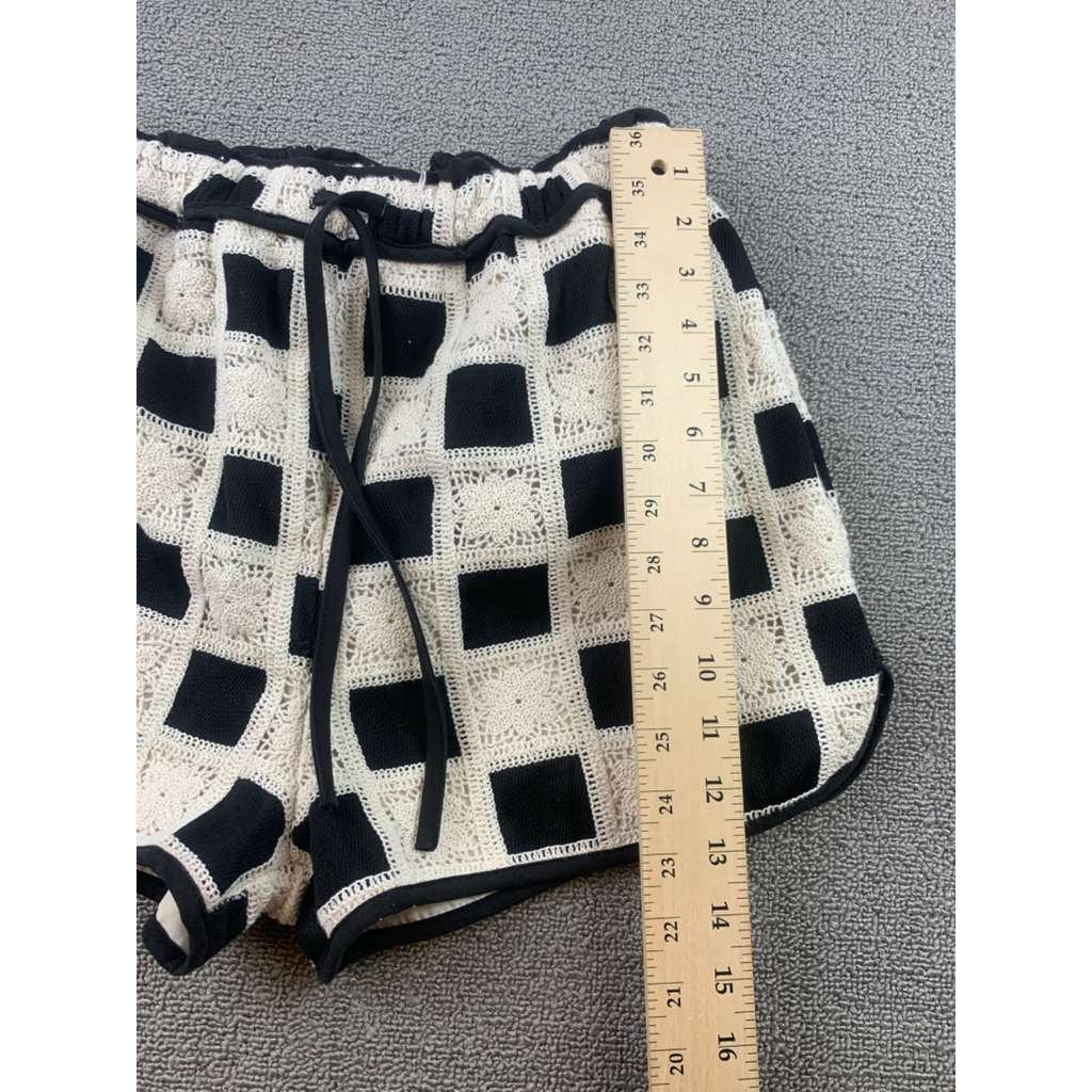 Strut & Bolt Women S Black White Crochet Lounge Shorts Checkerboard Drawstring