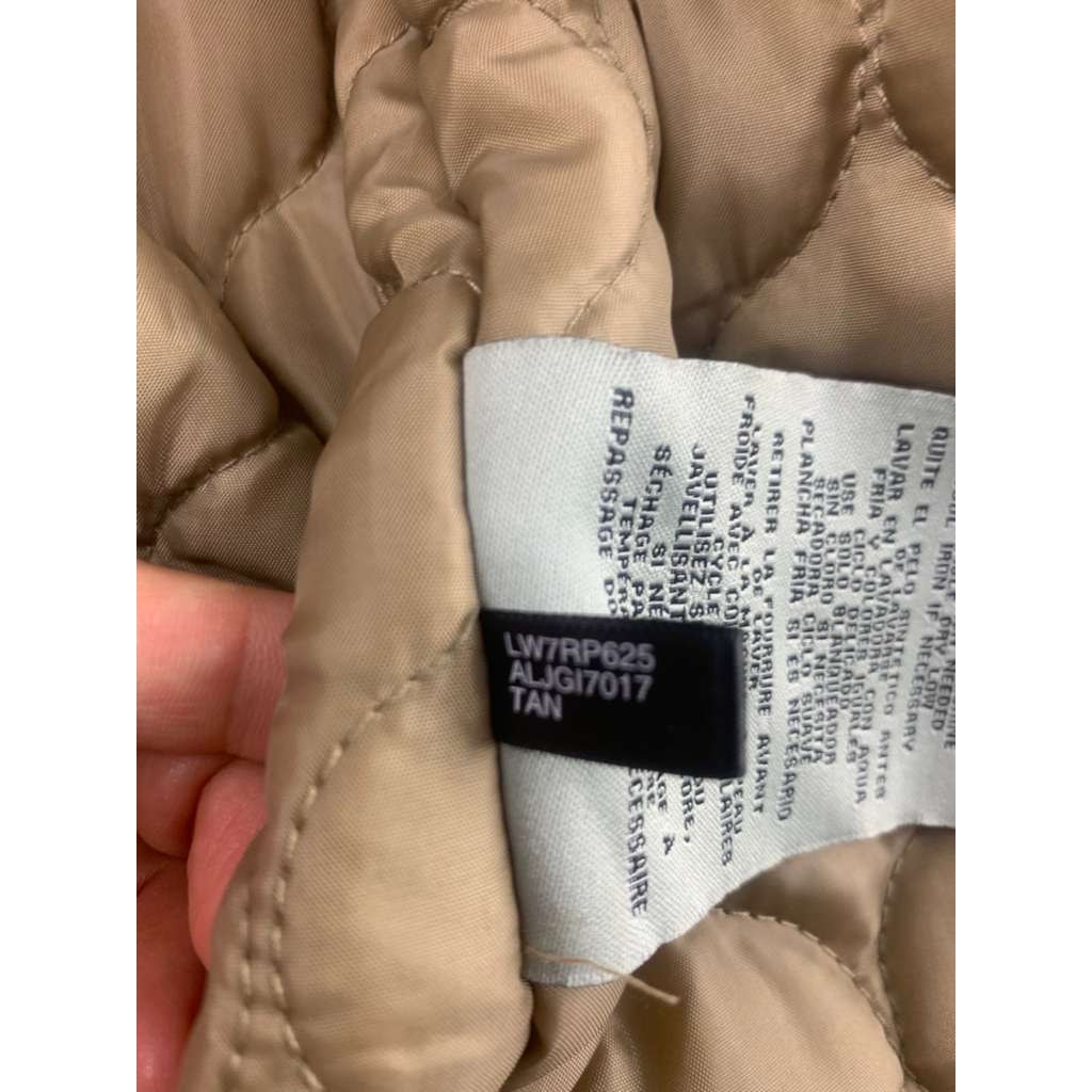Levi’s Hooded Parka Jacket Women L Tan Faux Fur Trim Quilted Lining Drawcord