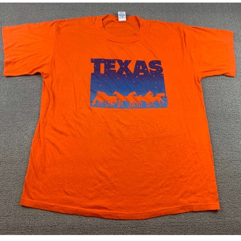Vintage Soffe Shirts Men XL Orange Blue Texas Graphic Horses USA T Shirt