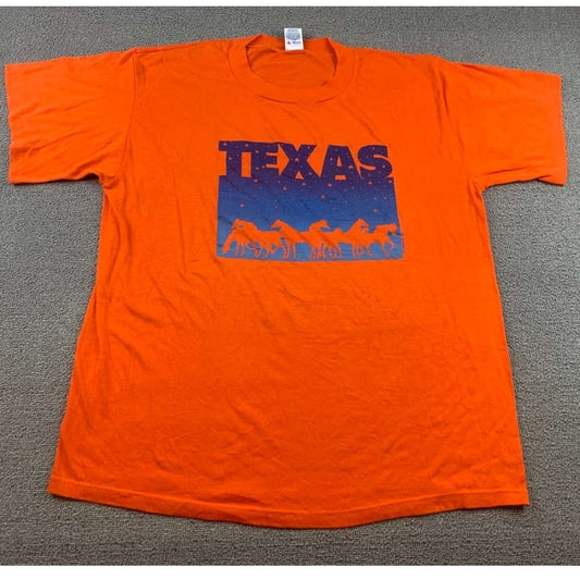 Vintage Soffe Shirts Men XL Orange Blue Texas Graphic Horses USA T Shirt
