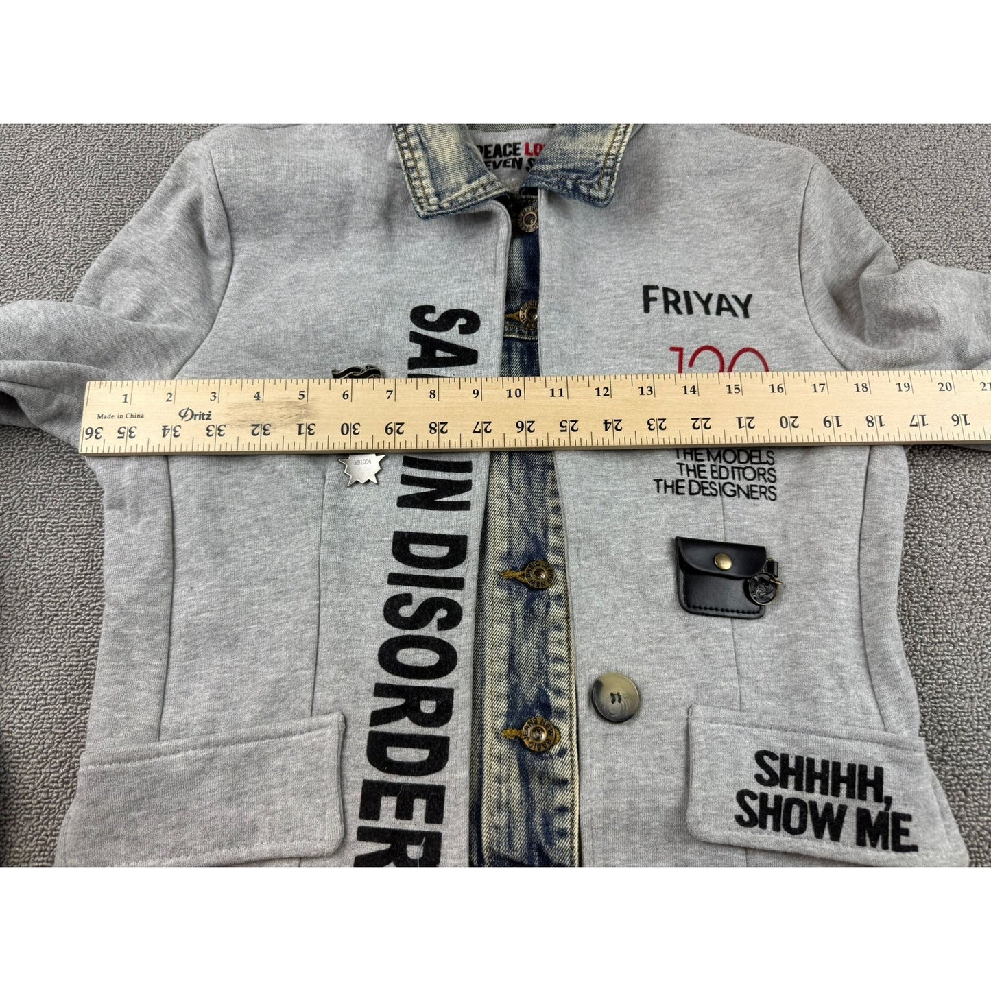 Peace Love & Seven Seventy Women's Small Graphic Patchwork Art Denim Mix Jacket