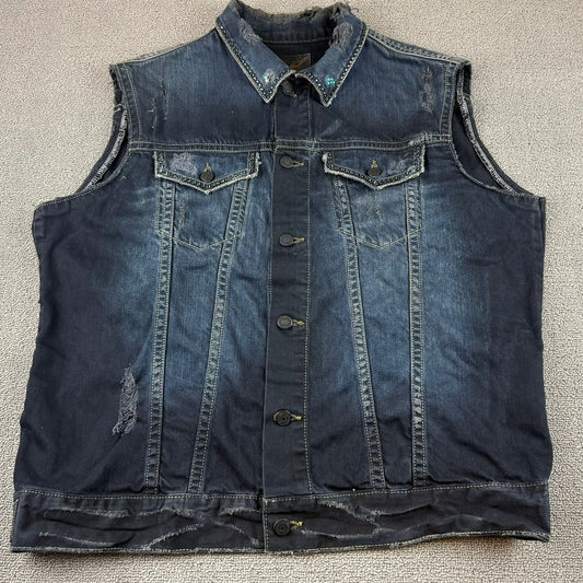 Robin’s Jean XL Denim Vest Distressed Wings Embroidery USA Rhinestone Collar