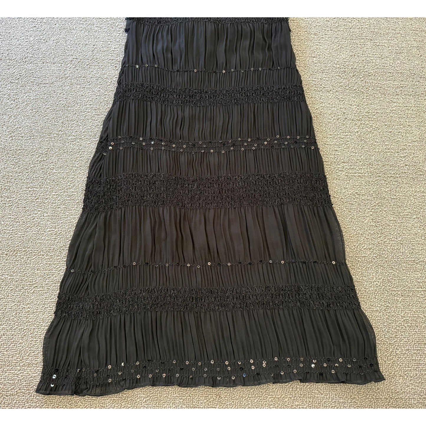 ABS Allen Schwartz Women XXS Sheer Black Sequin Beaded Tiered Ribbon Tie Dress