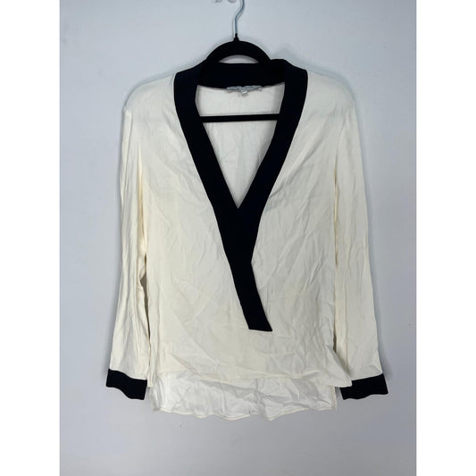 Alexis Contrast Trim Blouse Women XS Cream Black Long Sleeve Minimalist
