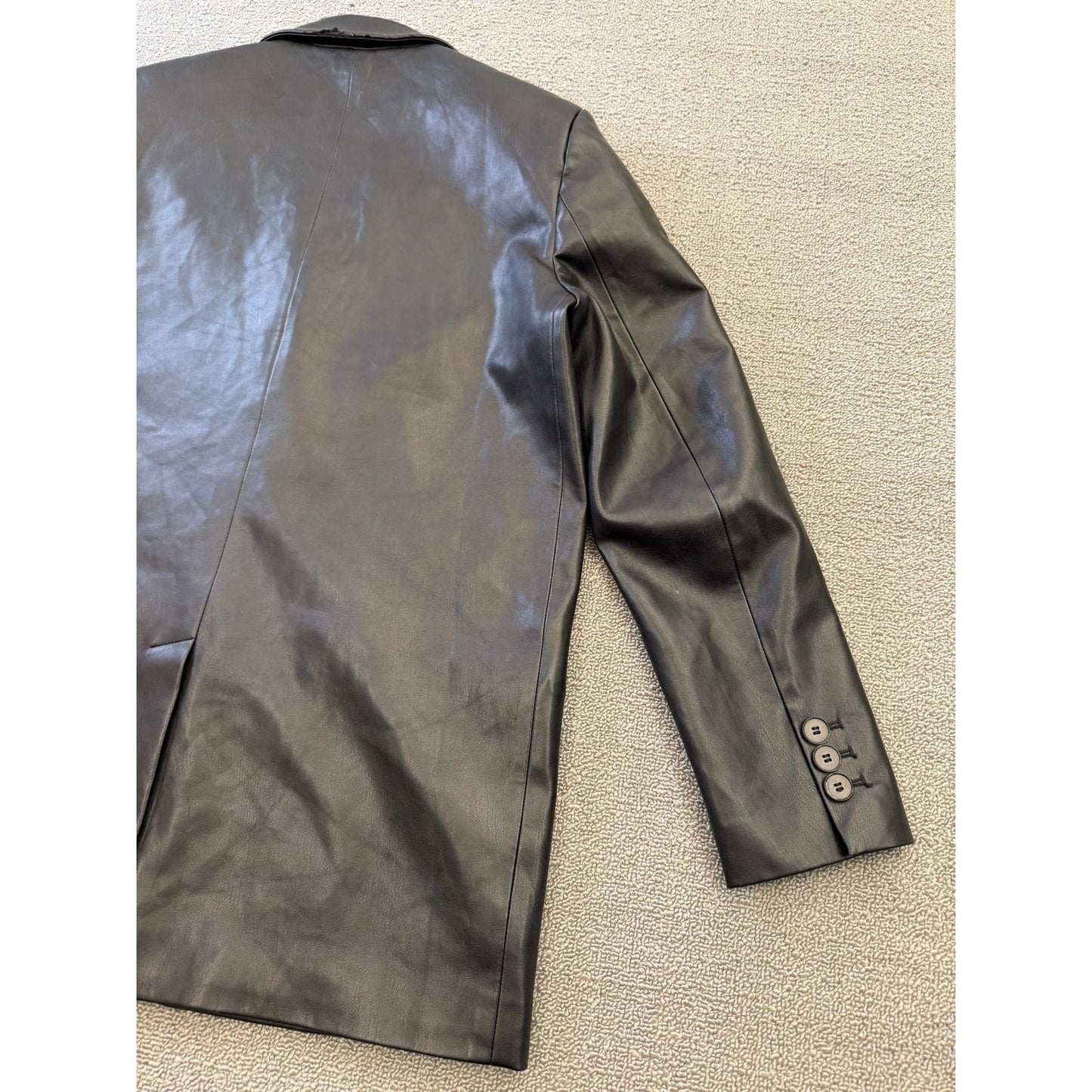 ZARA Women's Medium Black Faux Leather Blazer Double Button