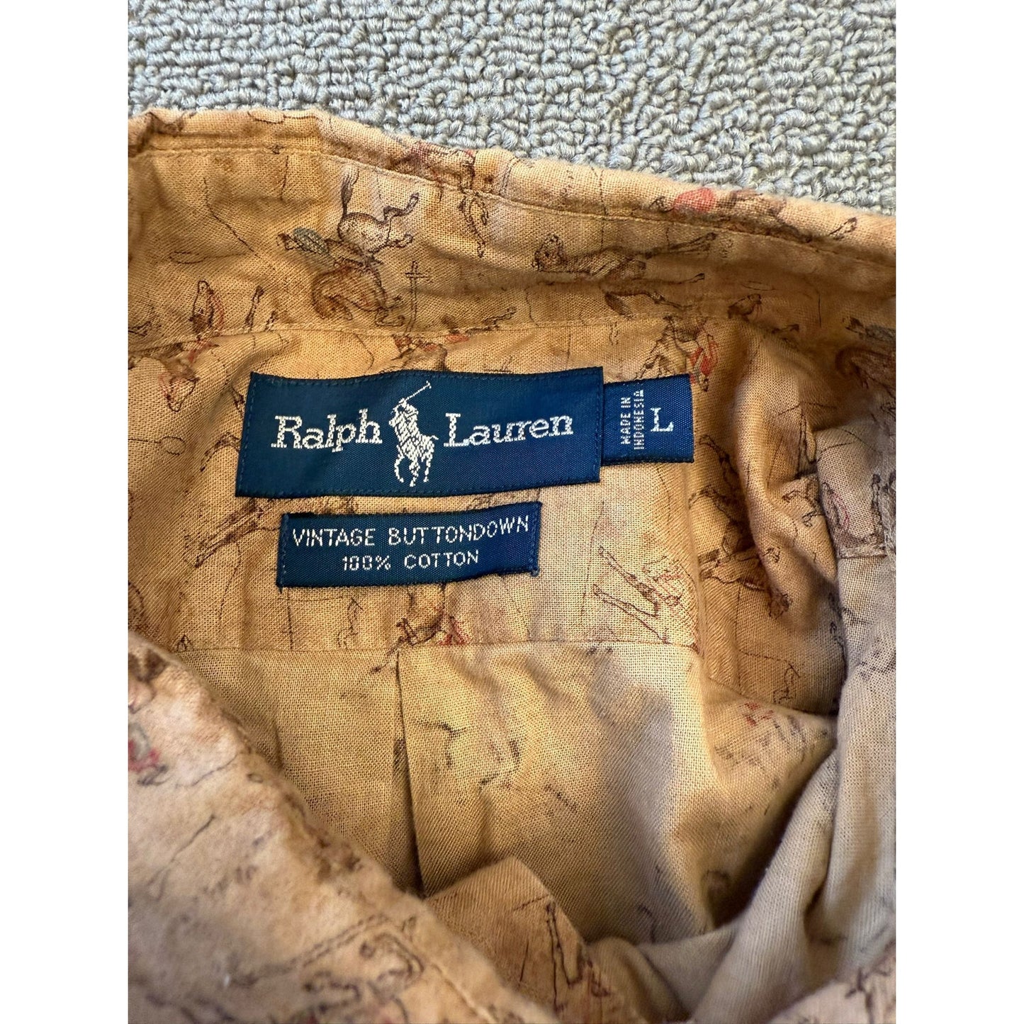 RALPH LAUREN Men's Button Down Shirt L Tan Brown Equestrian Horse Vintage Print