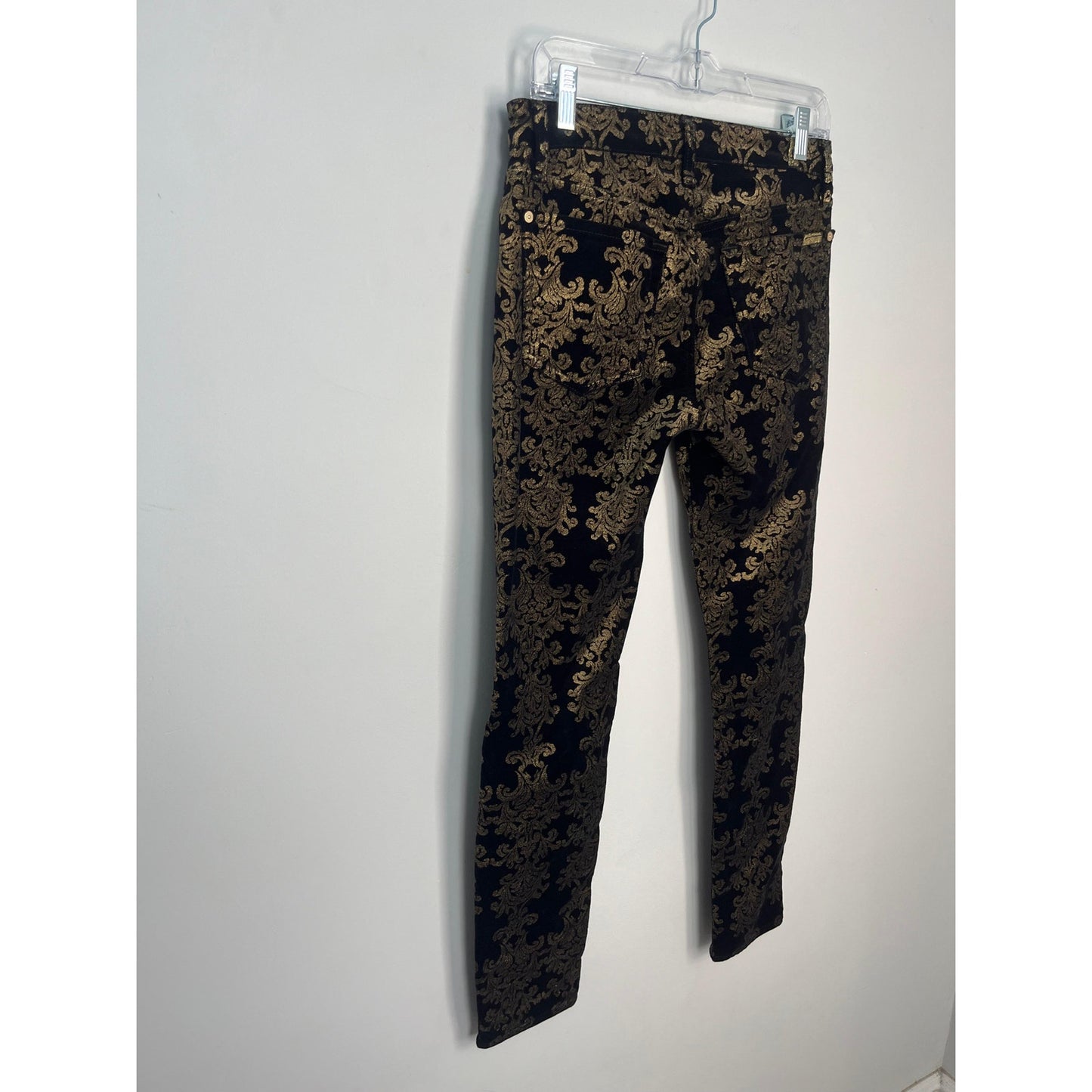 7 For All Mankind Velvet Pants Women 27 Black Gold Baroque Skinny Stretch