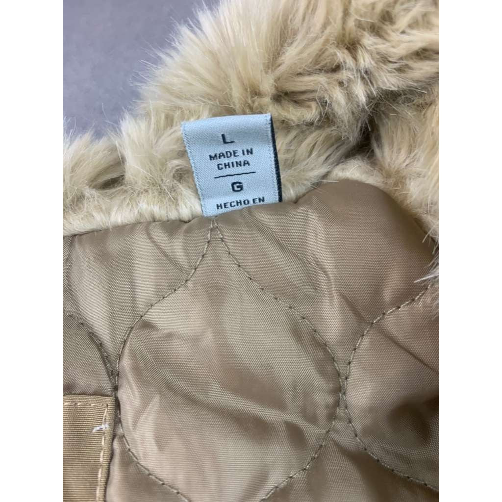 Levi’s Hooded Parka Jacket Women L Tan Faux Fur Trim Quilted Lining Drawcord