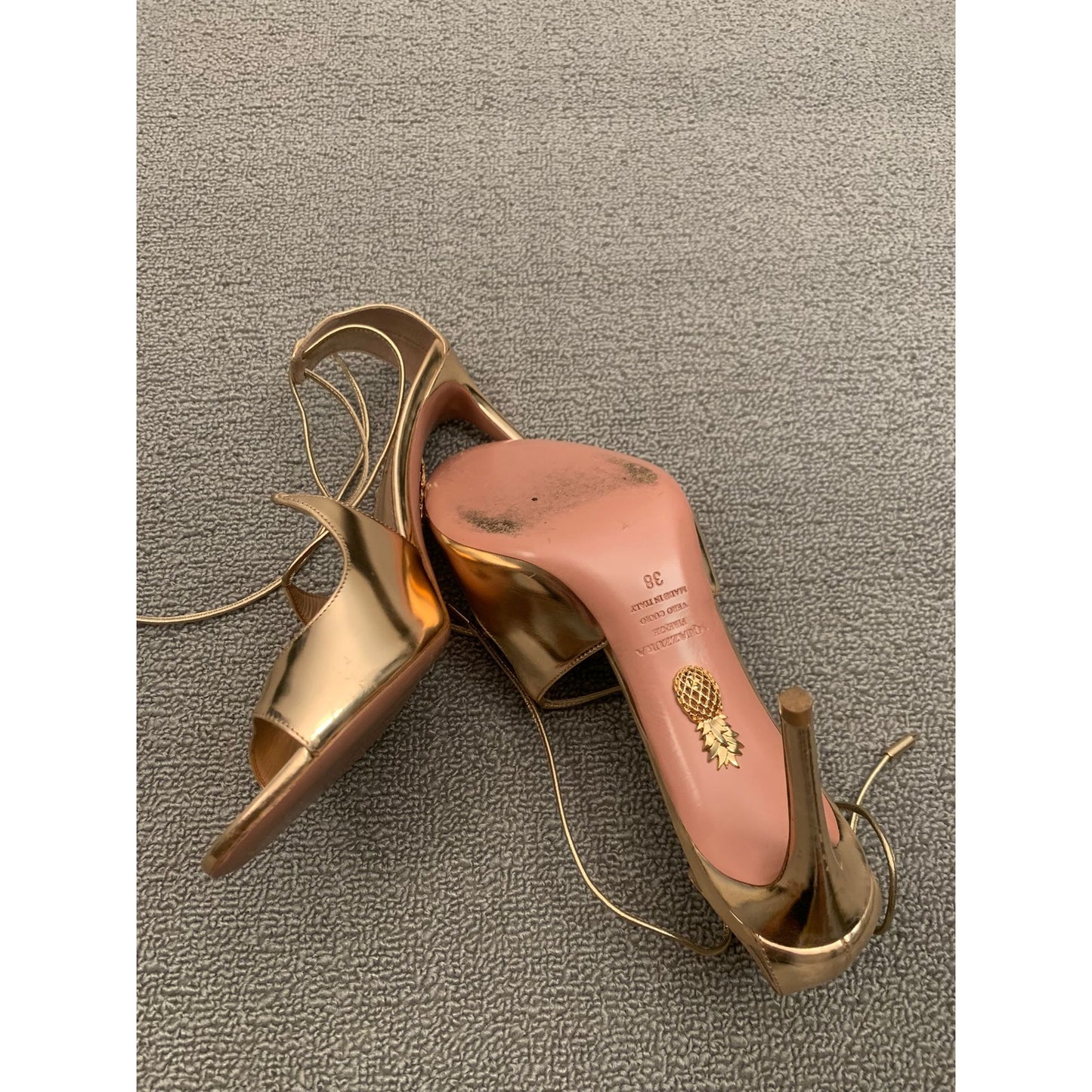 Aquazzura Gold Leather Leather Sofia Open Toe Ankle Tie Sandals Size 38