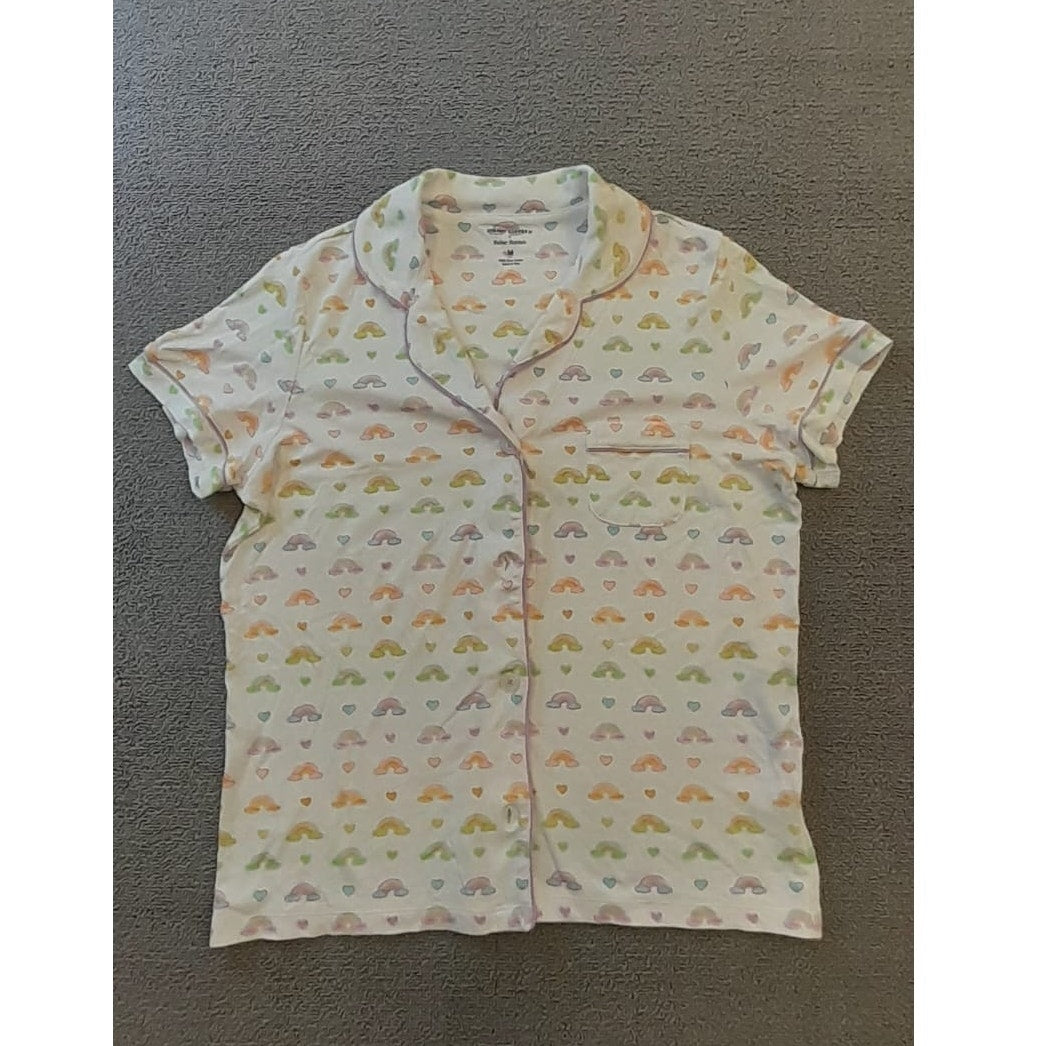 Stoney Clover X Roller Rabbit Women's M White Rainbow Hearts Print Pajama Shirt Top