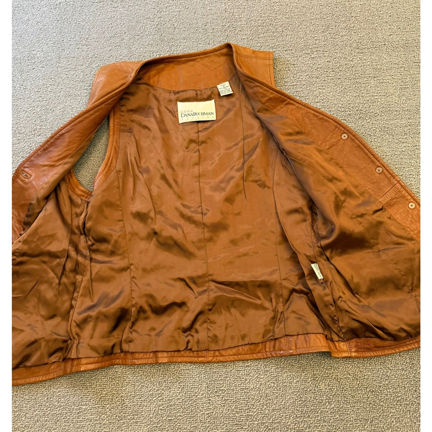 Dana Buchman 100% Leather Vest Women 2 Petite Brown Button Closure