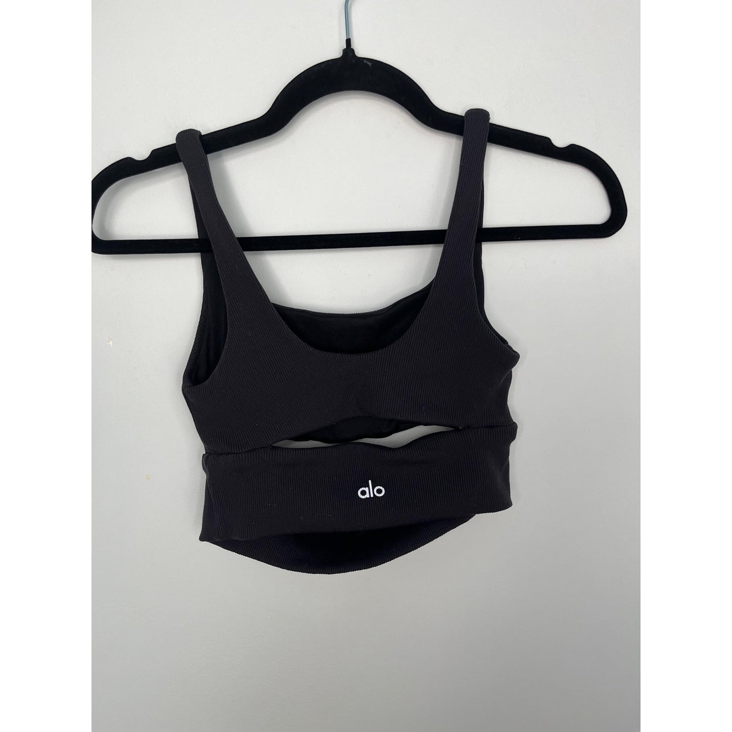 Alo Yoga Ribbed Sports Bra Women M Black Scoop Neck Cropped Stretchy