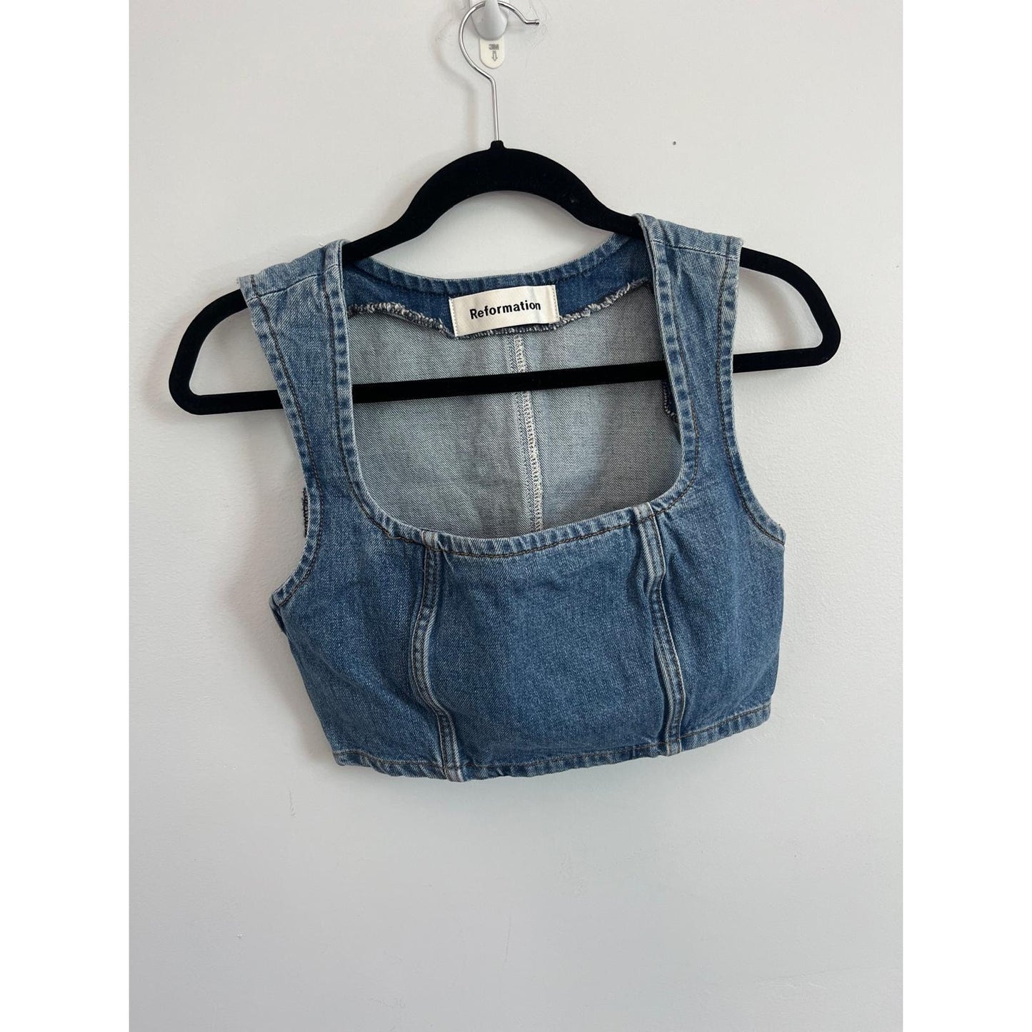 Reformation Denim Crop Top Women 0 Blue Square Neck Corset Stitch Tank