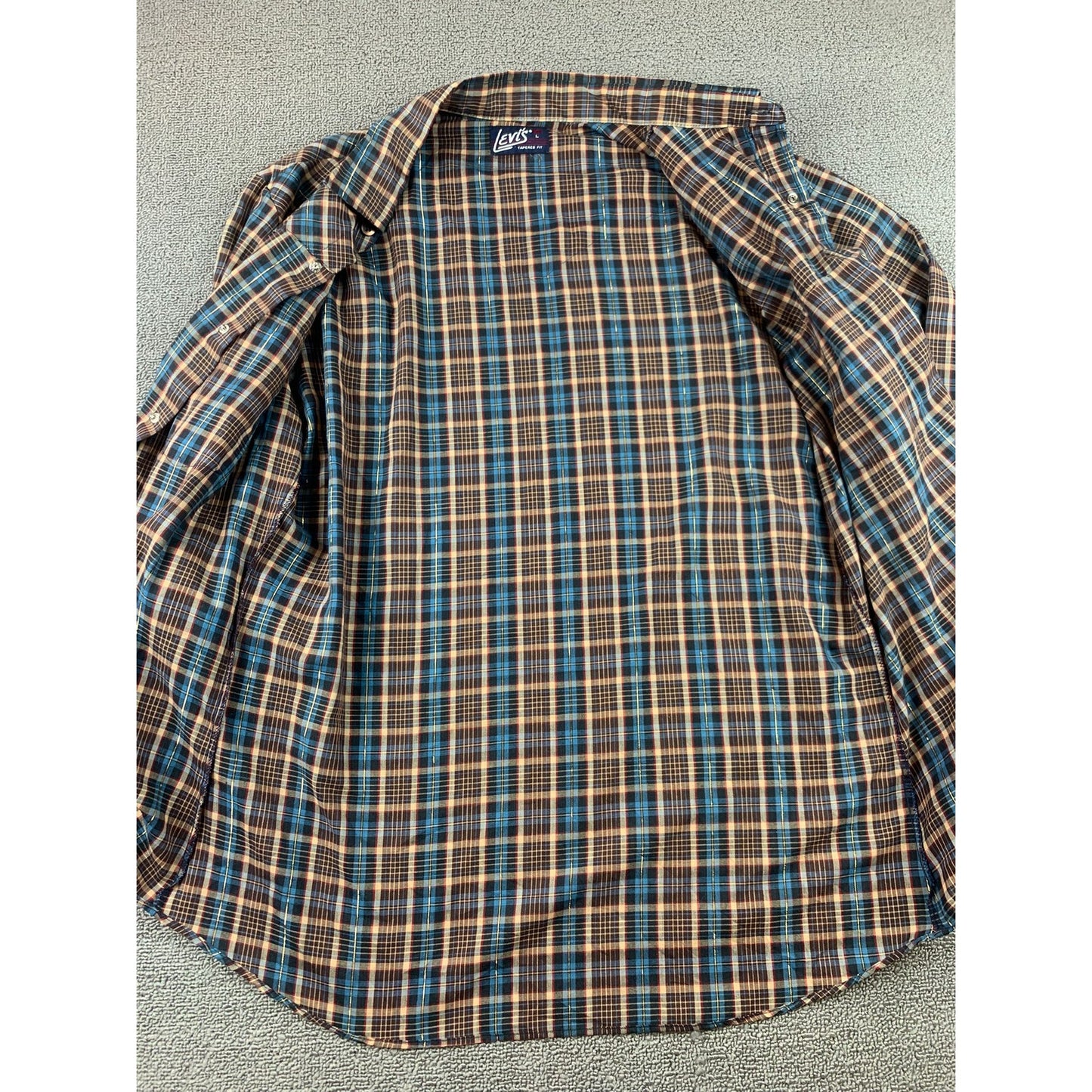 Vintage Levis Western Shirt Men Large Sawtooth Pearl Snap Metallic Stripes Plaid