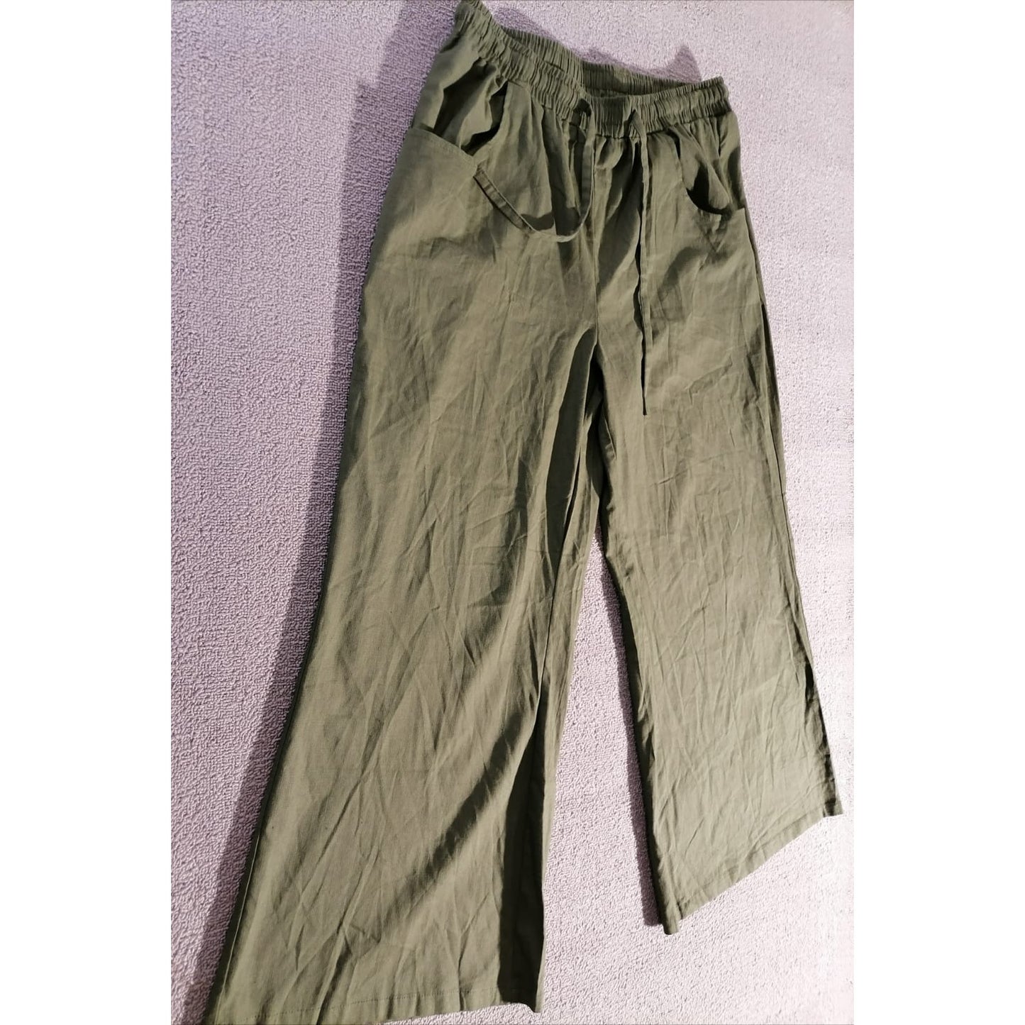 HongSui Large Female Olive Green Wide Leg Linen Blend Drawstring Palazzo Pants