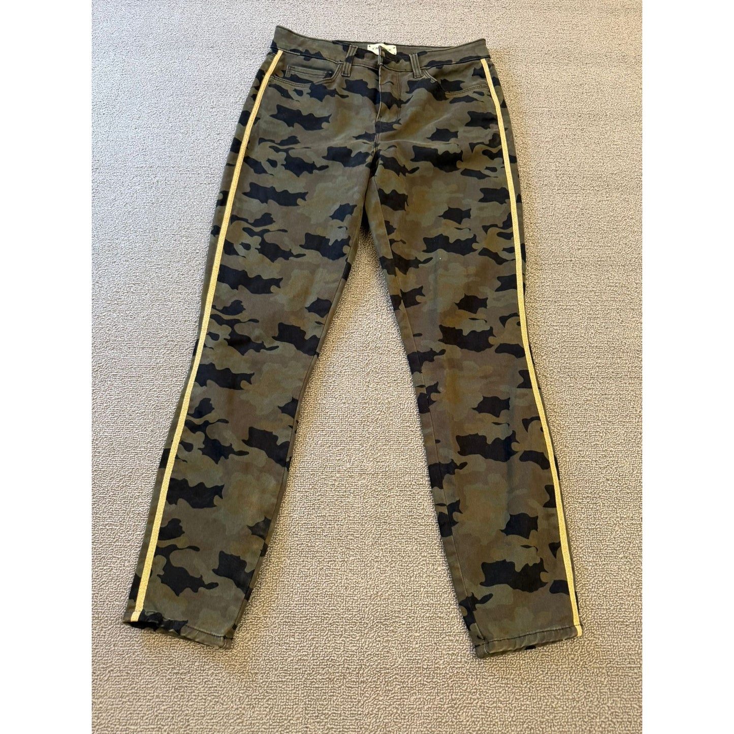 L'AGENCE Women's Camouflage Skinny Jeans 26 Green Black Yellow Side Stripe
