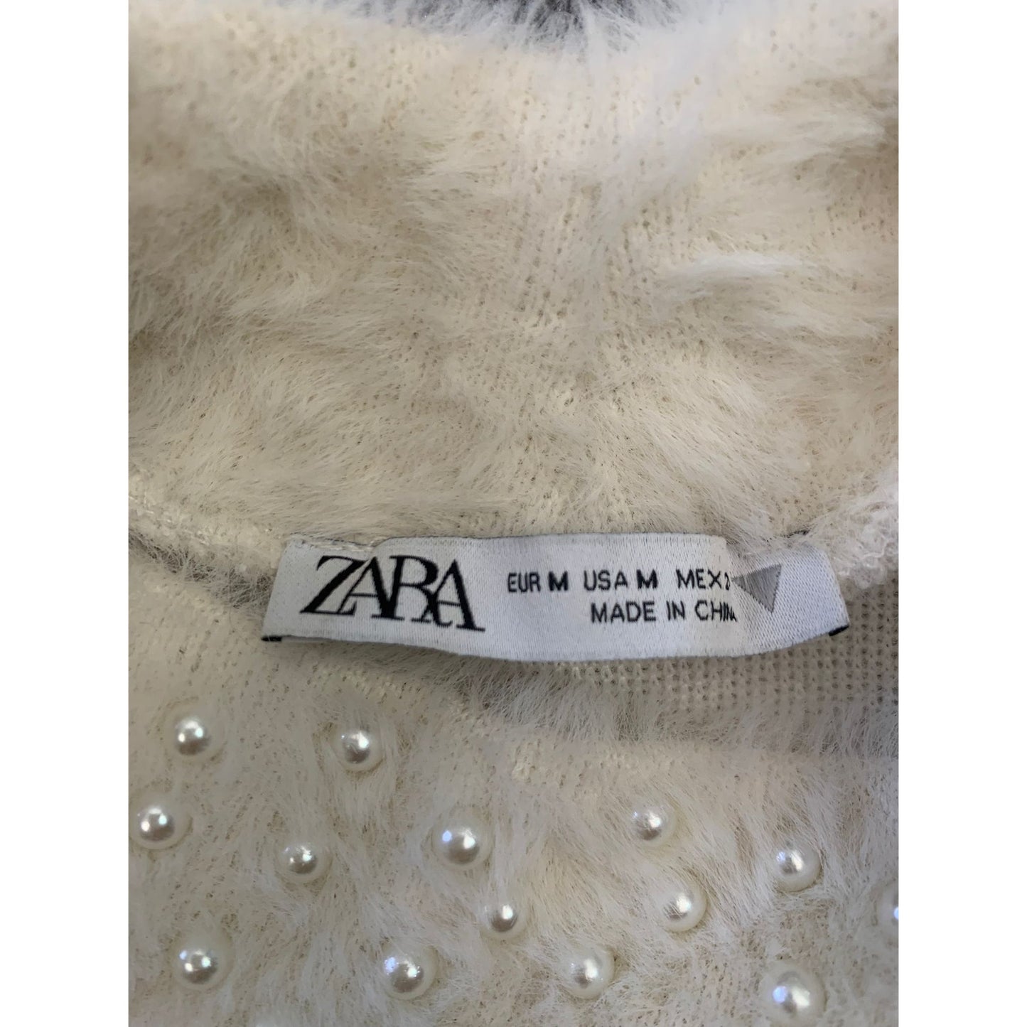 Zara Women's Medium White Pearl Embellished Short Sleeve Fluffy Top