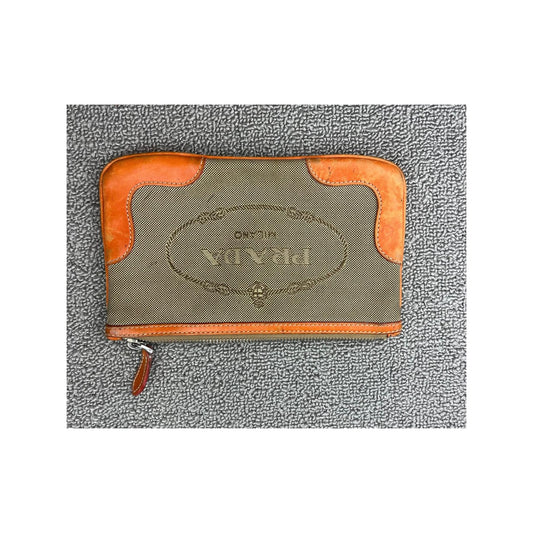 Authentic Prada Jacquard Pouch in Brown/Beige Canvas and Orange Leather Rare