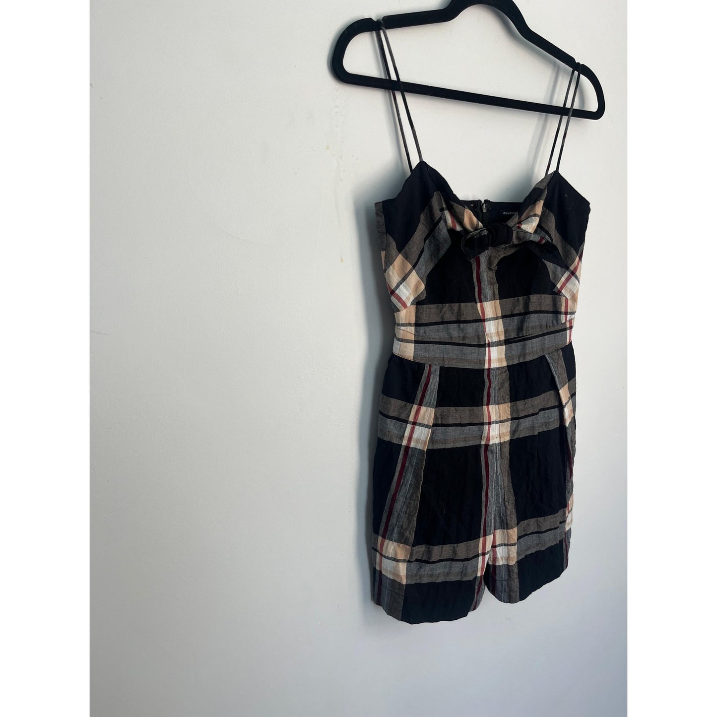 Club Monaco Plaid Romper Women 0 Black Tan Bow Tie Front Spaghetti Strap