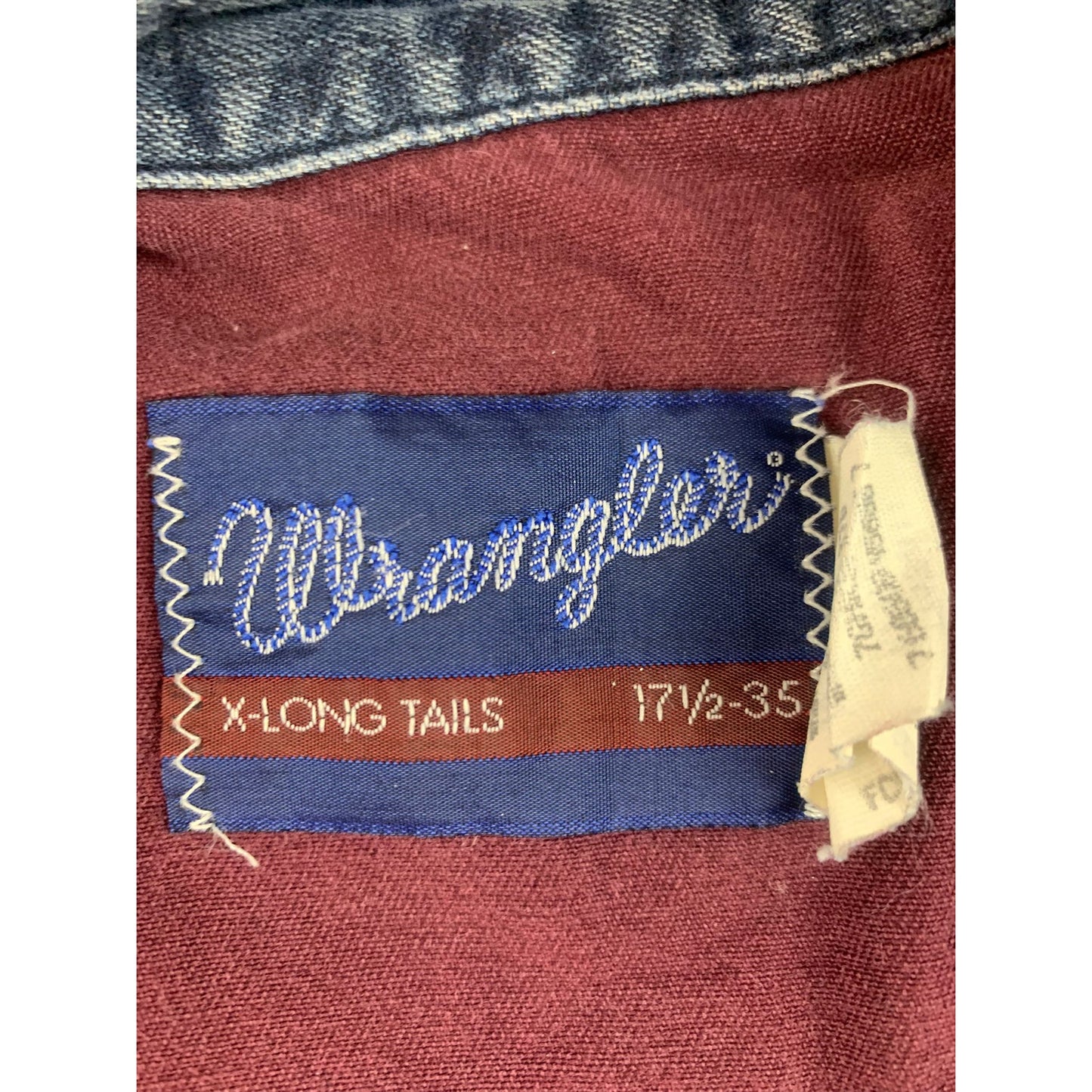Vintage Wrangler Men 17 1/2 -35 Maroon Denim X-Long Tails Shirt USA Made