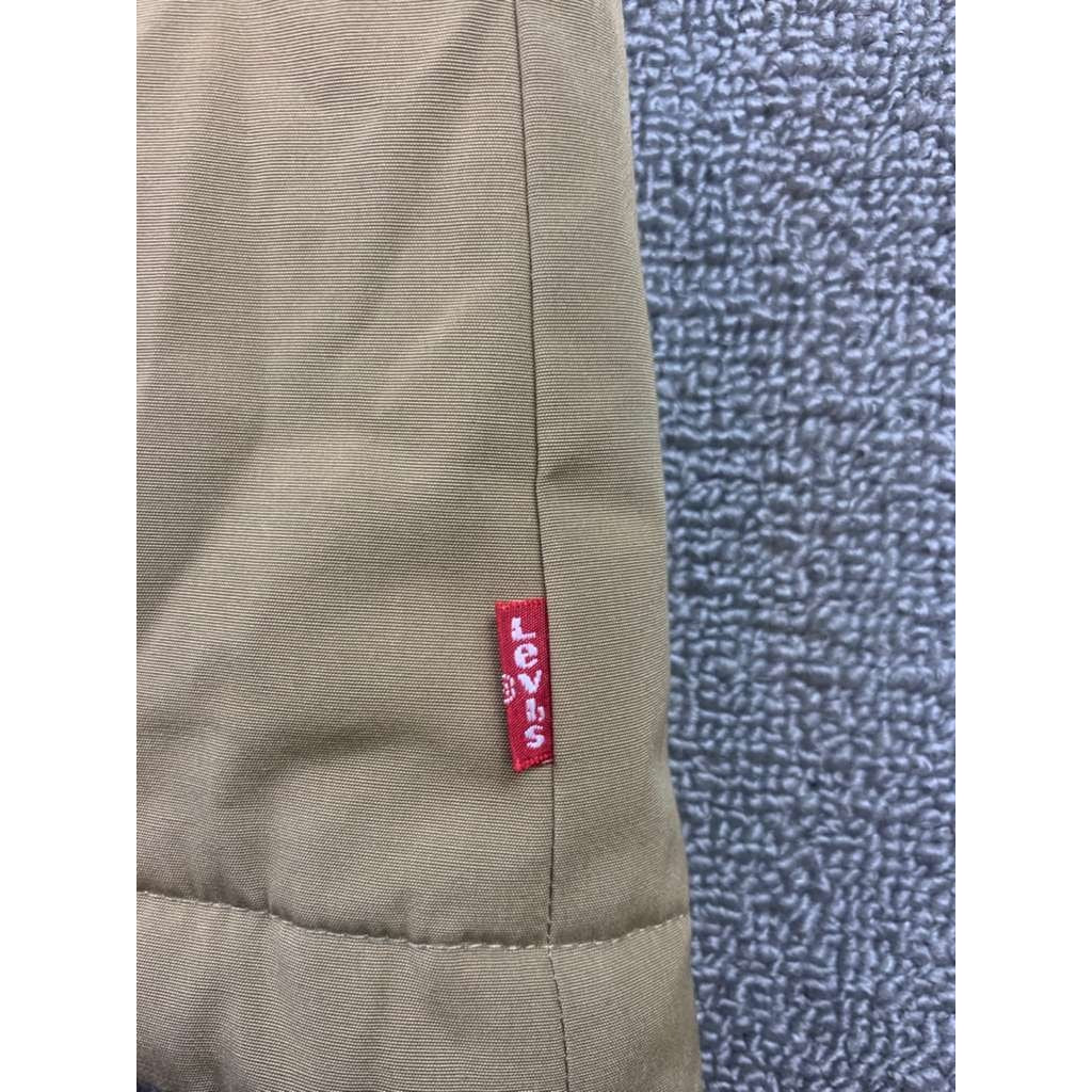 Levi’s Hooded Parka Jacket Women L Tan Faux Fur Trim Quilted Lining Drawcord